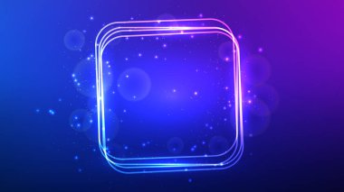 Neon yuvarlak kare çerçeve, parlak efektler ve mavi arka planda parıltılar. Boş parlayan tekno fon. Vektör illüstrasyonu