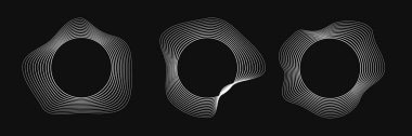 Dinamik dalgalı çizgili üç yuvarlak çerçeve seti. Siyah arka planda beyaz dalgalı daireler koleksiyonu. Tasarım elemanı. Vektör illüstrasyonu