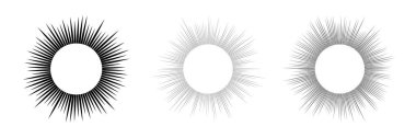 Üç güneş sembolü seti. Beyaz arka planda siyah güneş ışınları. Vektör illüstrasyonu