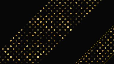 Soyut altın çizgileri ve parlak noktaları olan gösterişli, koyu bir arka plan. Işıldayan pırıltılı arkaplan. Modern şablonlar için şık ve zarif bir tasarım. Vektör illüstrasyonu