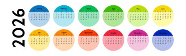 2026 için yatay takvim beyaz arka planda izole edilmiş. Pazardan pazartesiye, iş planı. Vektör illüstrasyonu