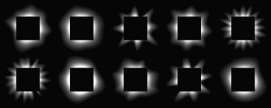 Büyük kare kareler gradyanı olan çerçeveleri aydınlatır. Siyah arkaplanda 10 beyaz neon pankart var. Vektör illüstrasyonu