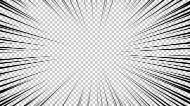 Şeffaf arkaplanda siyah çizgileri olan çizgi roman sayfası. Patlama ışınları desenli şablon dokuyu etkiler. Vektör illüstrasyonu