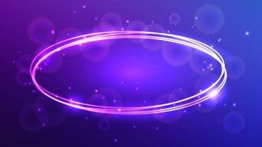 Parlak efektli ve mavi arka planda parıldayan neon oval çerçeve. Boş parlayan tekno fon. Vektör illüstrasyonu