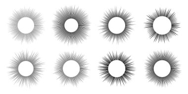 Sekiz güneş sembolü seti. Beyaz arka planda siyah güneş ışınları. Vektör illüstrasyonu