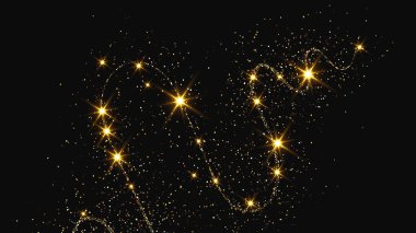 Altın parıldayan konfeti dalgası ve yıldız tozu. Koyu arkaplanda altın sihirli parıltılarla arka plan. Vektör illüstrasyonu