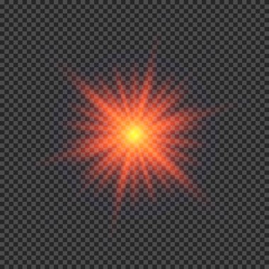 Lens fişeklerinin ışık etkisi. Şeffaf bir arka planda parıldayan kırmızı ışıklar yıldız patlaması efektleri. Vektör illüstrasyonu