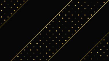 Soyut altın çizgileri ve parlak noktaları olan gösterişli, koyu bir arka plan. Işıldayan pırıltılı arkaplan. Modern şablonlar için şık ve zarif bir tasarım. Vektör illüstrasyonu