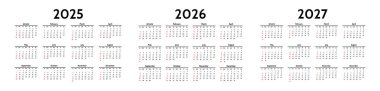 2025, 2026 ve 2027 için üç takvim seti beyaz arka planda izole edildi. Pazardan pazartesiye, iş planı. Vektör illüstrasyonu