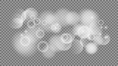 Bokeh şeffaf arkaplanda daireler çiziyor. Beyaz parlayan toz, parlayan ışıltı ve bokeh ışıkları. Vektör illüstrasyonu