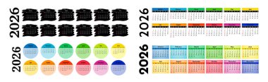 2026 için dört yatay takvim seti beyaz arka planda izole edildi. Pazardan pazartesiye, iş planı. Vektör illüstrasyonu