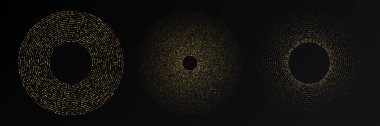 Soyut altın parlayan yarım tonlu noktalı arkaplan. Daire şeklinde üç altın parıltılı desen. Yarım ton noktalarını çember yapın. Vektör illüstrasyonu