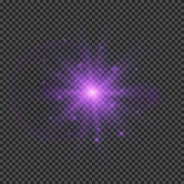 Lens fişeklerinin ışık etkisi. Mor parlak ışık efektleri ve şeffaf bir arka planda parıltılar. Vektör illüstrasyonu