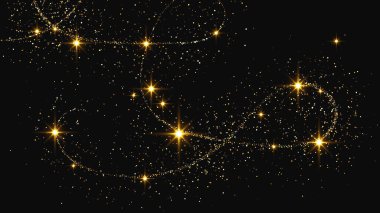 Altın parıldayan konfeti dalgası ve yıldız tozu. Koyu arkaplanda altın sihirli parıltılarla arka plan. Vektör illüstrasyonu