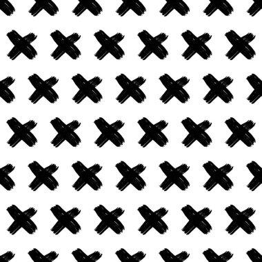 Elle çizilmiş çapraz sembollü kusursuz desen. Beyaz arka planda siyah çizim işareti. Vektör illüstrasyonu