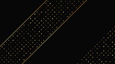 Soyut altın çizgileri ve parlak noktaları olan gösterişli, koyu bir arka plan. Işıldayan pırıltılı arkaplan. Modern şablonlar için şık ve zarif bir tasarım. Vektör illüstrasyonu