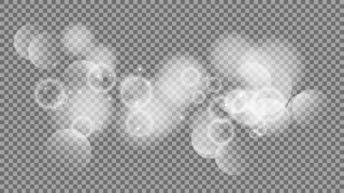 Bokeh şeffaf arkaplanda daireler çiziyor. Beyaz parlayan toz, parlayan ışıltı ve bokeh ışıkları. Vektör illüstrasyonu