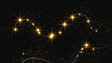 Altın parıldayan konfeti dalgası ve yıldız tozu. Koyu arkaplanda altın sihirli parıltılarla arka plan. Vektör illüstrasyonu