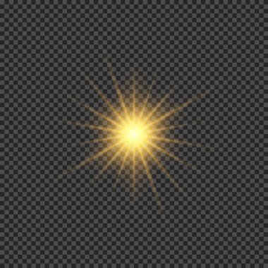 Lens fişeklerinin ışık etkisi. Şeffaf arkaplanda parıldayan turuncu ışıklar yıldız patlaması efektleri. Vektör illüstrasyonu