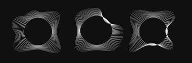Dinamik dalgalı çizgili üç yuvarlak çerçeve seti. Siyah arka planda beyaz dalgalı daireler koleksiyonu. Tasarım elemanı. Vektör illüstrasyonu