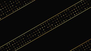 Soyut altın çizgileri ve parlak noktaları olan gösterişli, koyu bir arka plan. Işıldayan pırıltılı arkaplan. Modern şablonlar için şık ve zarif bir tasarım. Vektör illüstrasyonu