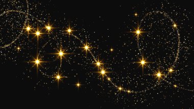 Altın parıldayan konfeti dalgası ve yıldız tozu. Koyu arkaplanda altın sihirli parıltılarla arka plan. Vektör illüstrasyonu