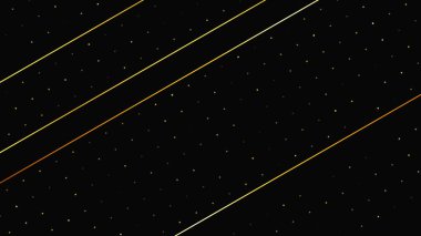 Soyut altın çizgileri ve parlak noktaları olan gösterişli, koyu bir arka plan. Işıldayan pırıltılı arkaplan. Modern şablonlar için şık ve zarif bir tasarım. Vektör illüstrasyonu