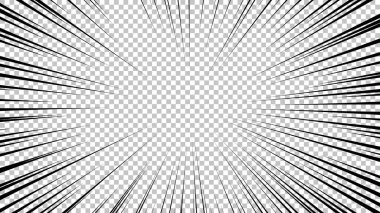 Şeffaf arkaplanda siyah çizgileri olan çizgi roman sayfası. Patlama ışınları desenli şablon dokuyu etkiler. Vektör illüstrasyonu