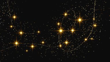 Altın parıldayan konfeti dalgası ve yıldız tozu. Koyu arkaplanda altın sihirli parıltılarla arka plan. Vektör illüstrasyonu