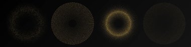 Soyut altın parlayan yarım tonlu noktalı arkaplan. Daire şeklinde dört altın parıltılı desen. Yarım ton noktalarını çember yapın. Vektör illüstrasyonu