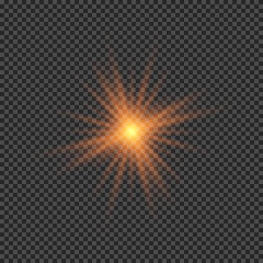 Lens fişeklerinin ışık etkisi. Şeffaf arkaplanda parıldayan turuncu ışıklar yıldız patlaması efektleri. Vektör illüstrasyonu