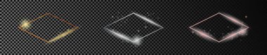 Üç adet altın, gümüş ve gül rengi ışıldayan eşkenar dörtgen çerçeve seti koyu şeffaf arka planda izole edilmiş. Parlak efektli parlak bir çerçeve. Vektör illüstrasyonu