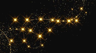 Altın parıldayan konfeti dalgası ve yıldız tozu. Koyu arkaplanda altın sihirli parıltılarla arka plan. Vektör illüstrasyonu