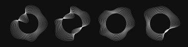 Dinamik dalgalı şeritli dört yuvarlak çerçeve. Siyah arka planda beyaz dalgalı daireler koleksiyonu. Tasarım elemanı. Vektör illüstrasyonu