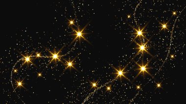 Altın parıldayan konfeti dalgası ve yıldız tozu. Koyu arkaplanda altın sihirli parıltılarla arka plan. Vektör illüstrasyonu