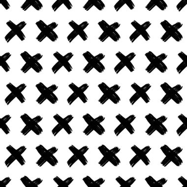 Elle çizilmiş çapraz sembollü kusursuz desen. Beyaz arka planda siyah çizim işareti. Vektör illüstrasyonu