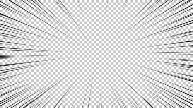 Şeffaf arkaplanda siyah çizgileri olan çizgi roman sayfası. Patlama ışınları desenli şablon dokuyu etkiler. Vektör illüstrasyonu