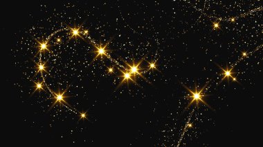 Altın parıldayan konfeti dalgası ve yıldız tozu. Koyu arkaplanda altın sihirli parıltılarla arka plan. Vektör illüstrasyonu