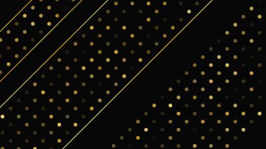 Soyut altın çizgileri ve parlak noktaları olan gösterişli, koyu bir arka plan. Işıldayan pırıltılı arkaplan. Modern şablonlar için şık ve zarif bir tasarım. Vektör illüstrasyonu