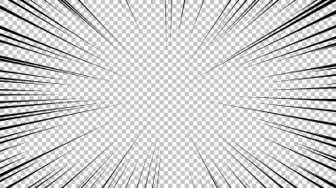 Şeffaf arkaplanda siyah çizgileri olan çizgi roman sayfası. Patlama ışınları desenli şablon dokuyu etkiler. Vektör illüstrasyonu