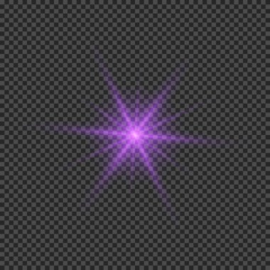 Lens fişeklerinin ışık etkisi. Mor parlak ışık efektleri ve şeffaf bir arka planda parıltılar. Vektör illüstrasyonu