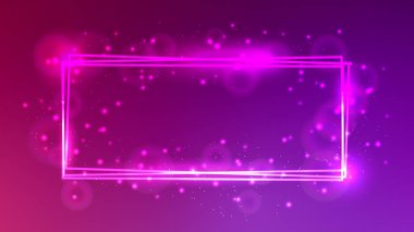 Parlak efektleri ve pembe arka planda parıltıları olan neon dikdörtgen çerçeve. Boş parlayan tekno fon. Vektör illüstrasyonu