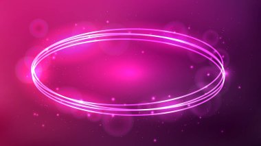 Parlak efektleri ve pembe arka planı olan neon oval çerçeve. Boş parlayan tekno fon. Vektör illüstrasyonu