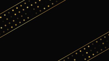 Soyut altın çizgileri ve parlak noktaları olan gösterişli, koyu bir arka plan. Işıldayan pırıltılı arkaplan. Modern şablonlar için şık ve zarif bir tasarım. Vektör illüstrasyonu