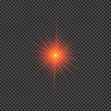 Lens fişeklerinin ışık etkisi. Şeffaf bir arka planda parıldayan kırmızı ışıklar yıldız patlaması efektleri. Vektör illüstrasyonu