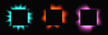 Kare çerçeveleri gradyanla aydınlat. Siyah arkaplanda üç tane çok renkli neon pankart var. Vektör illüstrasyonu