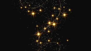 Altın parıldayan konfeti dalgası ve yıldız tozu. Koyu arkaplanda altın sihirli parıltılarla arka plan. Vektör illüstrasyonu