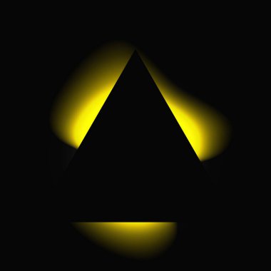 Üçgen çerçeveyi gradyanla aydınlat. Sarı üçgen neon pankartı siyah arkaplanda izole edilmiş. Vektör illüstrasyonu