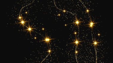 Altın parıldayan konfeti dalgası ve yıldız tozu. Koyu arkaplanda altın sihirli parıltılarla arka plan. Vektör illüstrasyonu