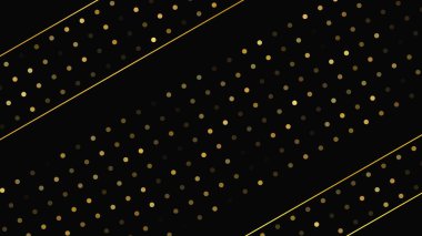Soyut altın çizgileri ve parlak noktaları olan gösterişli, koyu bir arka plan. Işıldayan pırıltılı arkaplan. Modern şablonlar için şık ve zarif bir tasarım. Vektör illüstrasyonu